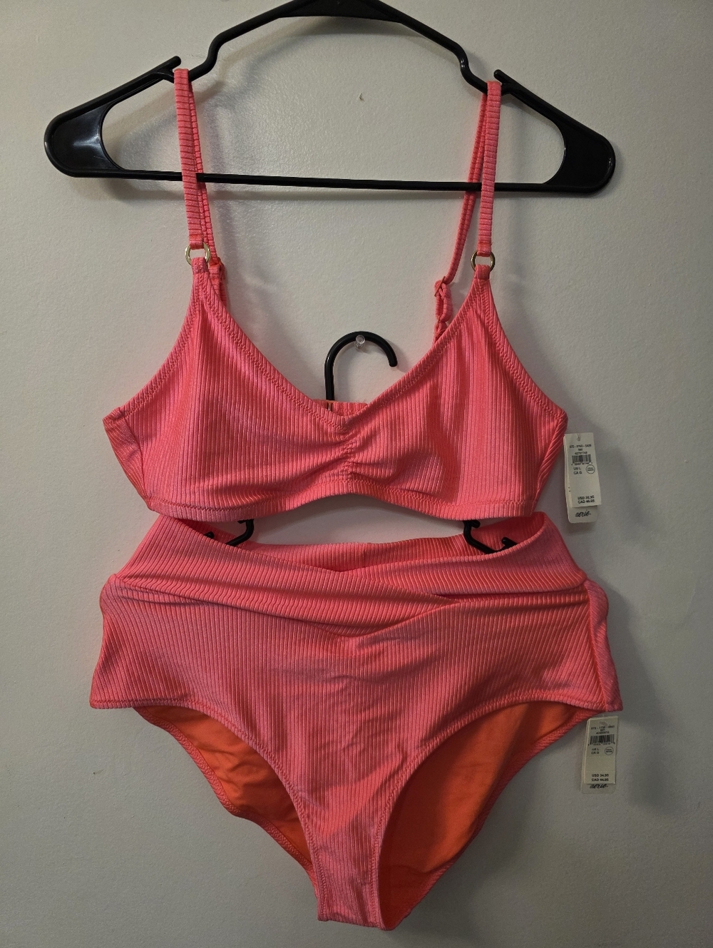 aerie Ribbed Neon Pink Two-Piece Bikini Set LARGE